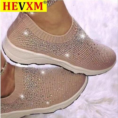 Women shoes Sneakers Shiny Sock shoes woman Comfortable Casual Loafers Shoes Slip On Female Vulcanize Shoes Large Size 35-43