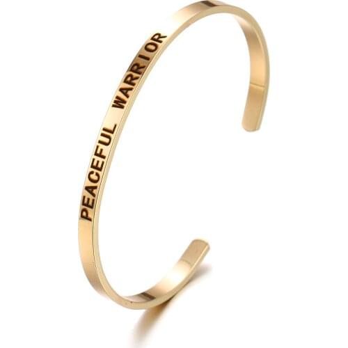 4mm Width Stainless Steel Round Cuff Bangles For Women Men Inspirational Quote PEACEFUL WARRIOR Lettering Bracelets