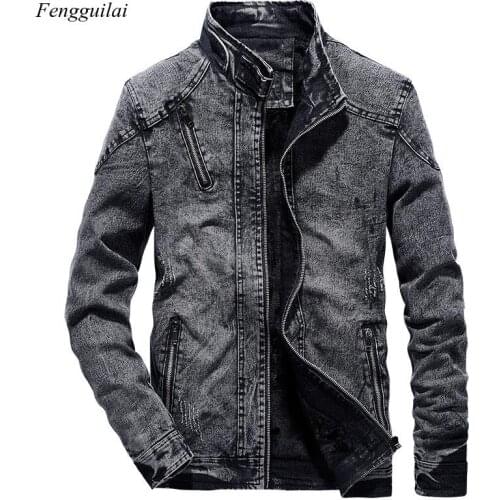 New Vintage Mens Denim Jacket Solid Casual Mens Jeans Coat Fashion Stand Clothes for Men Black Blue Bomber Jacket Men Stand