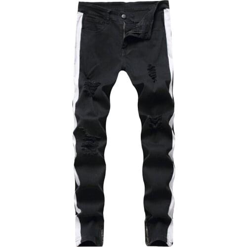 Mens New Foot Zipper Decoration Pants Fashion Simple Trend Knee Holes Zipper Slim Body Tight Stretch Holes In The Waist Jeans