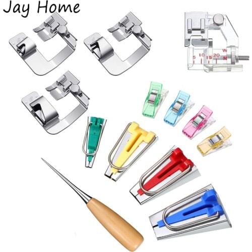 4 Size Fabric Bias Tape Maker Kits Sewing Clips & Binder Foot Rolled Hemmer Presser Foot & Awl for DIY Sewing Tool Accessories