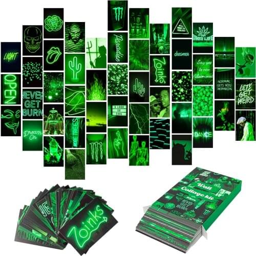 50Pcs Green Neon Aesthetic Wall Collage Kit Posters Vibrant Green Style Living Home Dorm Room Bedroom Decor for Boys Girls