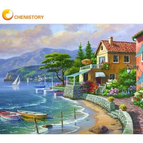 CHENISTORY Frame DIY Oil Painting By Numbers For Adults Seaside Vacation Landscape Paint On Canvas Home Decors 60x75cm Wall Art