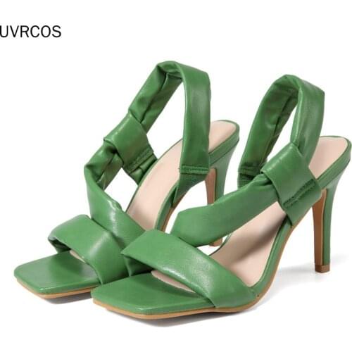 2021 Summer New Square Toe Fine Sandals Open Toe Womens Sandals All-match High Heels Pure Color Soft Lace-up Womens Shoes