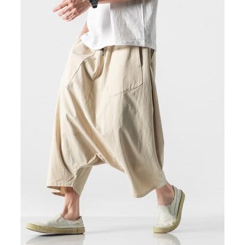 Autumn Europe Men Plus size Casual Lantern Haren Pants Vintage cotton Linen Wide Leg Pants female Elastic Waist Pantalones Trous