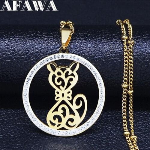 2021 Crystal Stainless Steel Cat Necklaces Women Gold Color Animal Charm Necklace Jewelry acero inoxidable joyeria NXS03