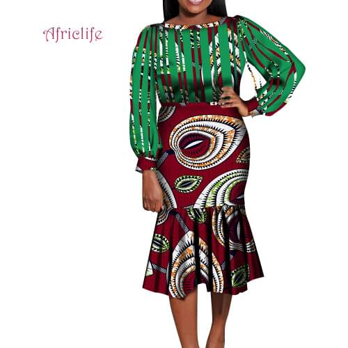 African Dresses For Pretty Women Long Lantern Sleeve Dress Mid-Calf Pencil Party Skirt Traditional Lady Formal Plus Size WY579