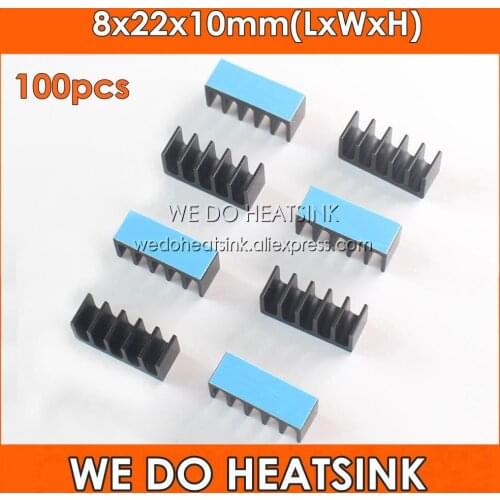 WE DO HEATSINK 100pcs 8x22x10mm Black Anodized Aluminum Heatsink Cooler With Thermally Conductive Adhesive Pad