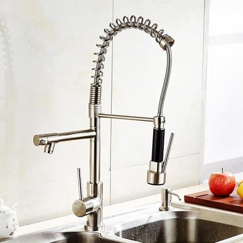 Spring Pull Down Kitchen Sink Faucet 360 Rotation Stream Sprayer Nozzle Hot & Cold Water Mixer Tap with Dual Spout Deck Mounted
