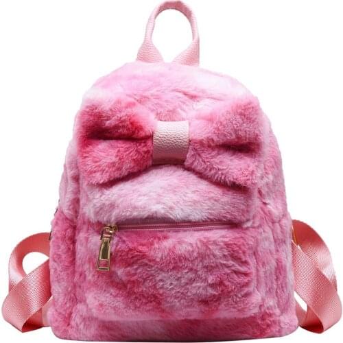 Kawayi Women Winter Bag Bowknot Plush Bag Students Zipper Backpack Travel Bag Teenagers Ladies Bag Casual Cute Small Backpacks