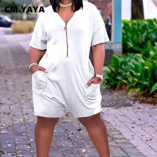 CM.YAYA Women Playsuit Solid Short Sleeve V-neck Zip Loose Straight Playsuits with Pockets Casual High Street Outfit Summer 2021