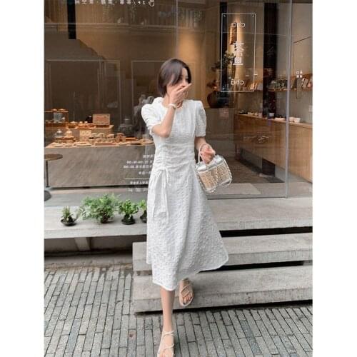 2021 summer womens design sense drawstring pleated mid-length dress women