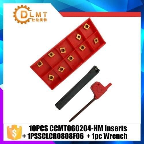 1pc SCLCR0808F06 CNC Lathe Turning Tool Holder + 1pc Wrench+10pcs CCMT060204-HM Carbide Inserts Gold Blades