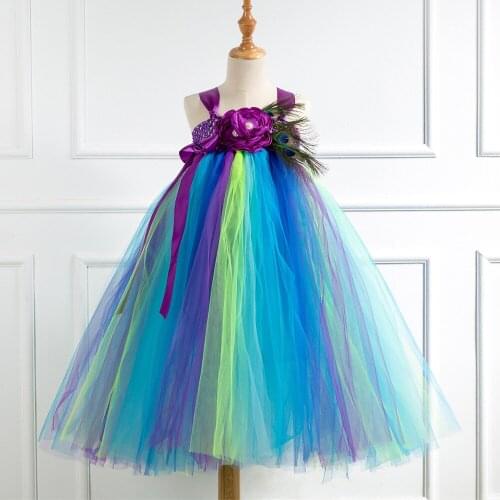 2020 New Arrival Peacock Feather Kids Girls Tutu Dresses Purple Peacock Kids Dresses for Girls Flowers Children Princess Clothes