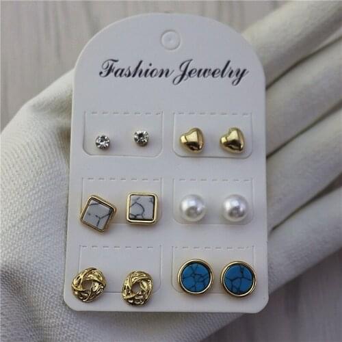 6 pairs of stud earrings per card Geometric inlaid stone round frosted ball peach heart six set of earrings Birthday party