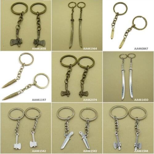 Antique Bronze Silver Tone Keychain Keyring Keytag Axe Hatchet Knife Saber Sword Bullet Key Chain Ring Tag Bag Charms Gift