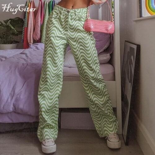 Hugcitar 2021 High Waist Wave Long Green Pants Summer Women Fashion Streetwear Outfits Trousers