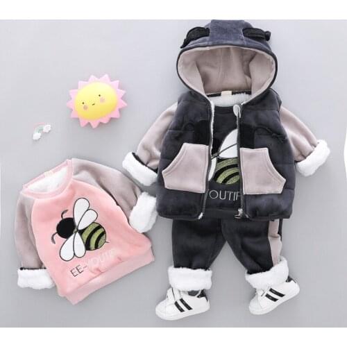 Baby Girl Boy Clothing Sets 2019 Cartoon Bee Autumn Winter Warm Toddler Vest + Shirt + Pants 1 2 3 4 Years Kid Clothing Suit