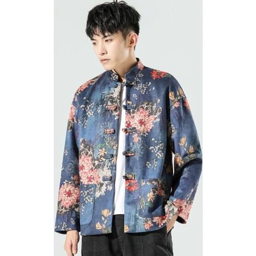 Chinese Style Tang Suit Floral Print Hanfu Blouse Suede Jacket Traditional Chinese Clothing For Men New Year Clothes KK3374