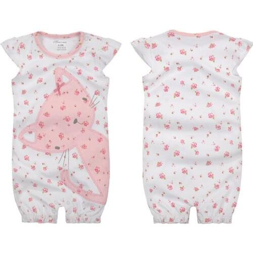 Y454 Girls summer baby Flat angle clothes white roses kitten pattern female baby short-sleeved dressing cotton newborn Bodysuits
