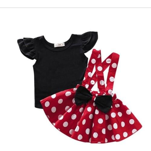 Hot sale baby girl skirt 2020 new solid color flying sleeve top polka dot fashion suspender skirt two-piece suit factory direct