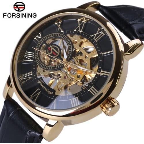 Forsining 3d Logo Design Hollow Engraving Black Gold Case Leather Skeleton Mechanical Watches Heren Horloge Men Luxury Brand