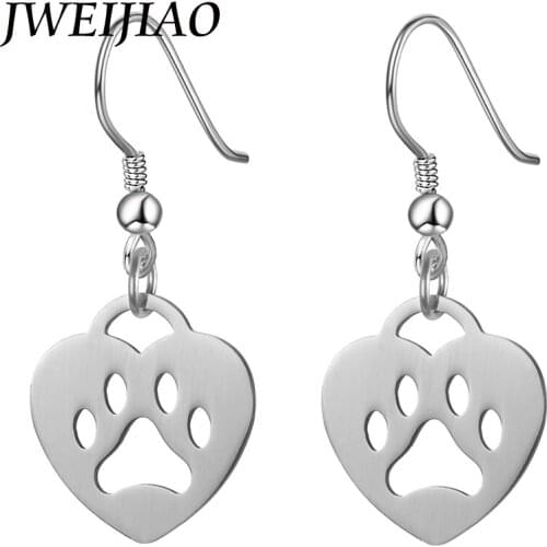 JWEIJIAO New Heart-shaped Dog Paw Prints Pendant Earrings Stainless Steel Animal Bear Paw Statement Drop Earrings Jewelry SKU24