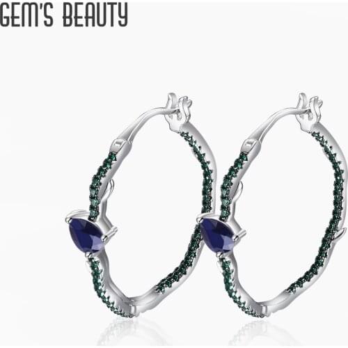 GEMS BEAUTY 925 Sterling Silver Statement Hoop Earrings Natural Blue Sapphire Gemstone Handmade Earrings For Women Jewelry
