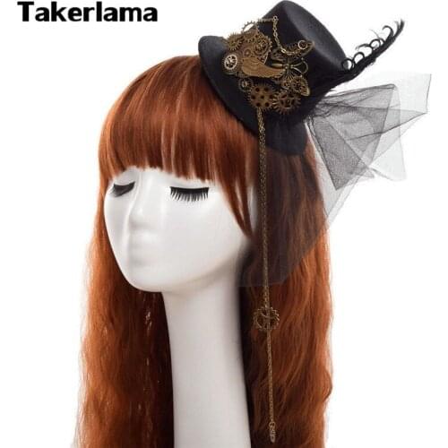 Takerlama Steampunk Women Gear Wings Clock Mini Hat Lace Hair Clip Punk Gothic Headwear Lolita