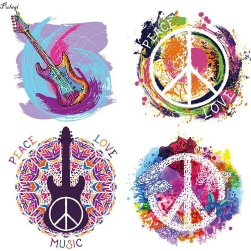 Guitar Hippie Music Rock Iron on Transfer Patches Peace And Love Vinyl Heat Transfer Patches For Clothes Thermal Stickers DIY