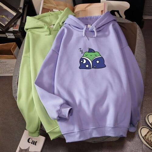 Thick Warm Hoodie Women Autumn Loose Oversize Sweatshirt Harajuku Kawaii Frog Printed Hoodies Thicken Hooded Pullover Female