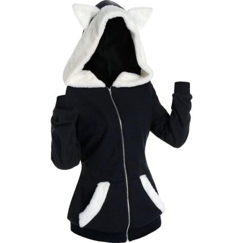 Cosplay Cat Ear Faux Furs Hoodie Sweatshirt Womens Top Insert Zip Up Long Sleeve Sweatshirt Winter Comfy Pocket Thicken Sweater