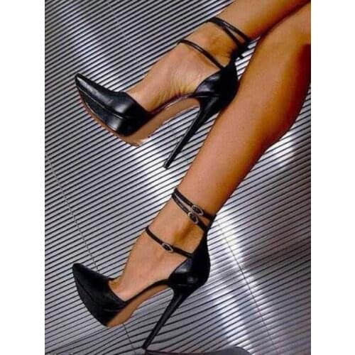 Black High Heels Women Pointed Toe Stiletto Heel Ankle Strap Pumps Sexy Platform Shoes