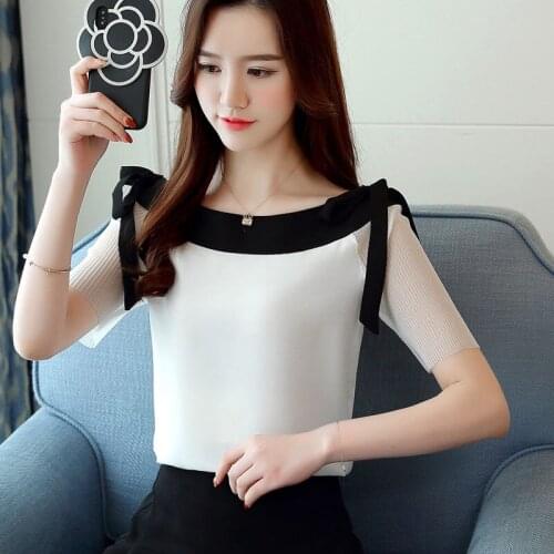 Womens Spring Summer Style Chiffon Blouses Shirt Womens Bow Patchwork O-neck Short Sleeve Korean Loose Tops DD8640 DD8640