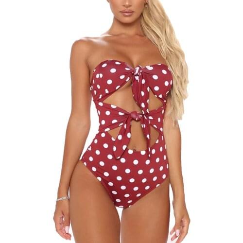 Yiiciovy Female Swimsuits Polka Dot Print Sleeveless One-Piece Swimwear for Women Sexy Hollow Out Monokini Bathing Suits 2021