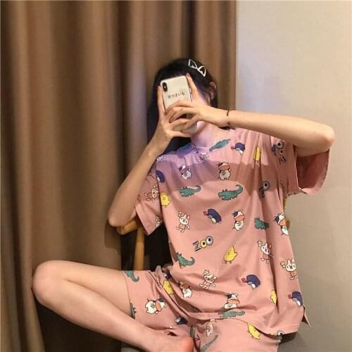 Women Summer Pajamas Loose Plus Size Girl Two-piece Short Sleeve Sleepwear Nightwear