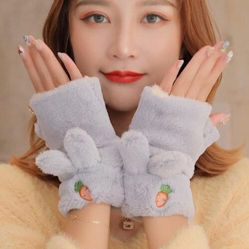 Women Winter Keep Warm Cute Lovely Cartoon Bunny Ears Plus Cashmere Thicken Mittens Half Finger Gloves Work Convenience Soft