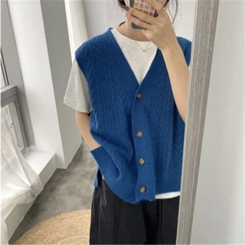 Womens Knit Vests Fall Retro Loose V-neck Twist Solid Color Waistcoat Femme Casual Oversize Warm Bulckles Sweater Sleeveless