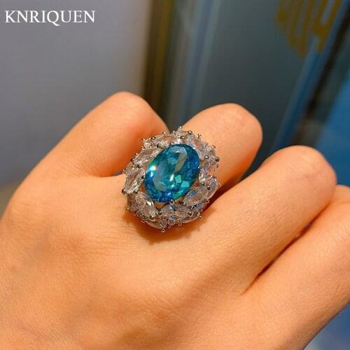 Charms 925 Sterling Silver 10*14mm Aquamarine Stone Lab Diamonds Rings for Women Wedding Engagement Party Ring Fine Jewelry Gift