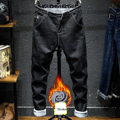 Winter Warm Thicken Pants Fleece Lined Stretch Thick Velvet Plus Size 38 Jeans Men