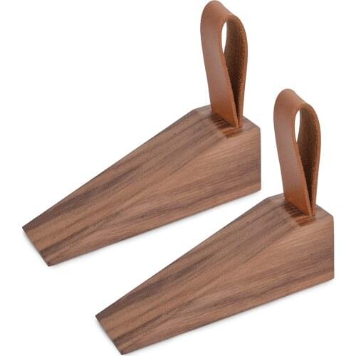 2 PCS Soild Wood Door Stopper, Walnut Wood Door Stopper, Non-Slip Door Stops Wedges Security Door Stopper with Leather Band