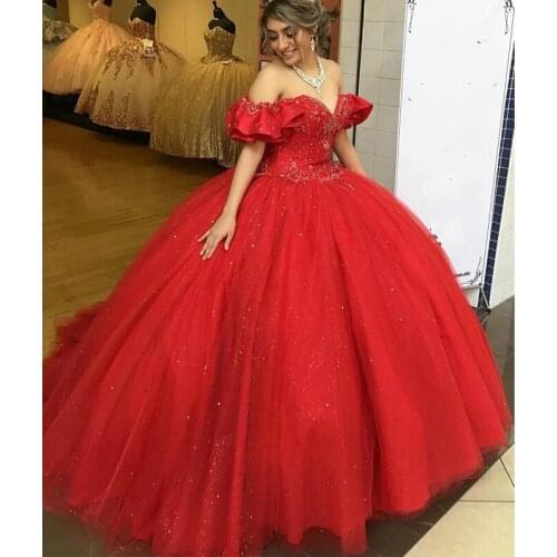 2020 Red Cheap Crystals Beaded Quinceanera Prom Dresses Sweetheart Ball Gown Tulle Evening Party Sweet 16 Dress