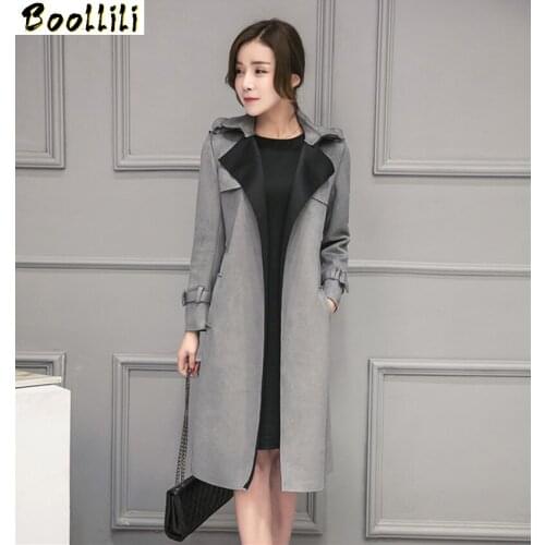 Boollili Womens Windbreaker Trench Coat With Belt Korea Style Slim Grey Coats Spring Autumn Trench Coat Para As Mulheres