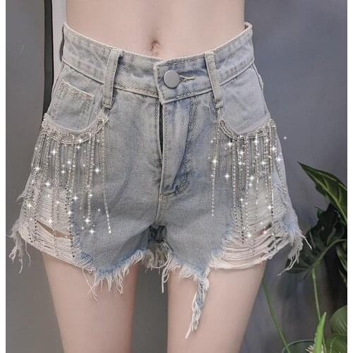 Denim Super Short Shorts Womens Clothing 2021 Summer New High Waist Loose Rhinestone-Encrusted Tassel Hot Pants