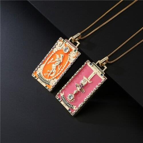Enamel Tarot Pendant Necklace Zircon For Women Religious Women Necklace Sun Moon Dark Demon Angel Copper Snake Chain Necklace