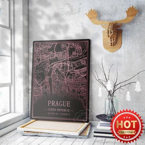 Europe Travel City Prague Czech Republic Street Map Art Poster, Black Pink Map Decor Art Prints, Bar Pub Club Wall Decor Mural