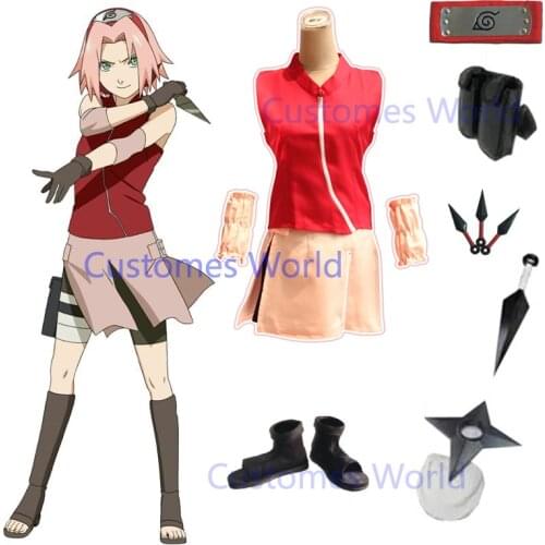 Hot Haruto Shippuden Haruno Sakura Cosplay Costume Halloween Wig Full Set (dress(top+skirt)+Headband+Shoes+Kunai+bag+shuriken)