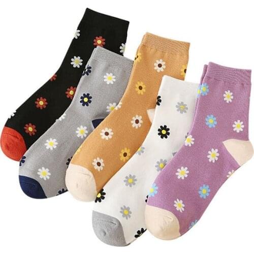 Daisy Cotton Black short socks Women ladies flower Plant sock funny girl harajuku sokken Fashion Casual Female socken kawaii sox