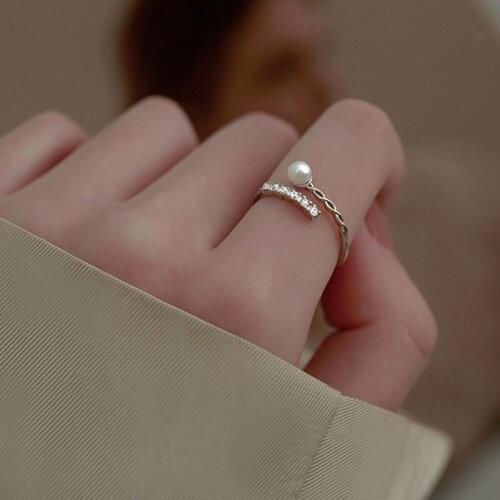Korean Simple CZ Crystal Pearl Ring Fresh Charm Girl Silver Plated Opening Zircon Ring Romantic Girl Wedding Proposal Jewelry