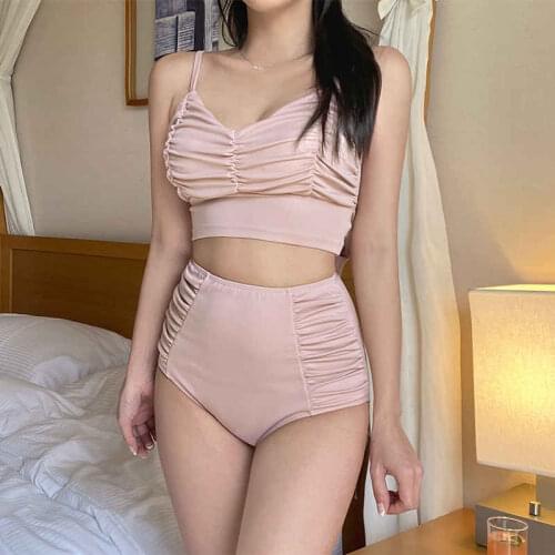 2021 New Korean Pure Color Sling Adjustable Personality Pleated Low-Cut High-Waist Halter Big Bow Hot Spring Swimsuit Bikini